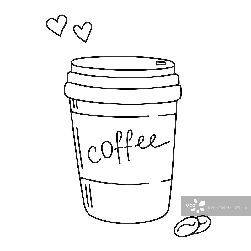 咖啡外卖纸杯，谷物饮料。一杯提神的美式咖啡外带，早晨热饮。涂鸦手绘素描风格。可编辑的中风。图片素材