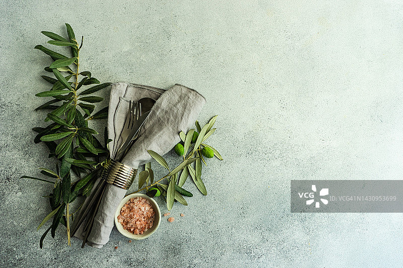 俯视图的餐具与橄榄枝，橄榄和粉红色的喜马拉雅盐图片素材