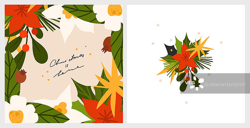 手绘矢量抽象图形圣诞快乐和新年快乐剪纸插图贺卡与鲜花和树叶。圣诞快乐可爱的花卉设计背景。寒假的艺术。图片素材