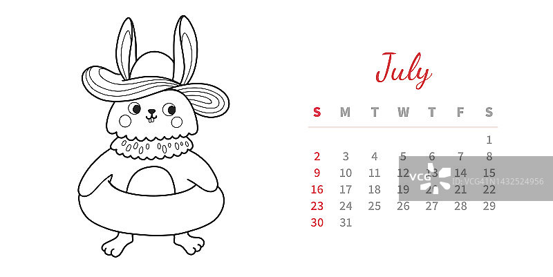 2023年7月水平日历页与可爱的大纲兔子。兔子戴草帽，戴游泳圈，夏天。中国新年的象征。涂色书矢量插图。图片素材