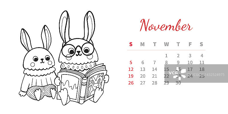 2023年11月水平日历页与可爱的大纲兔子。兔子给孩子读童话书，家庭活动。中国新年的象征。涂色书矢量插图。图片素材