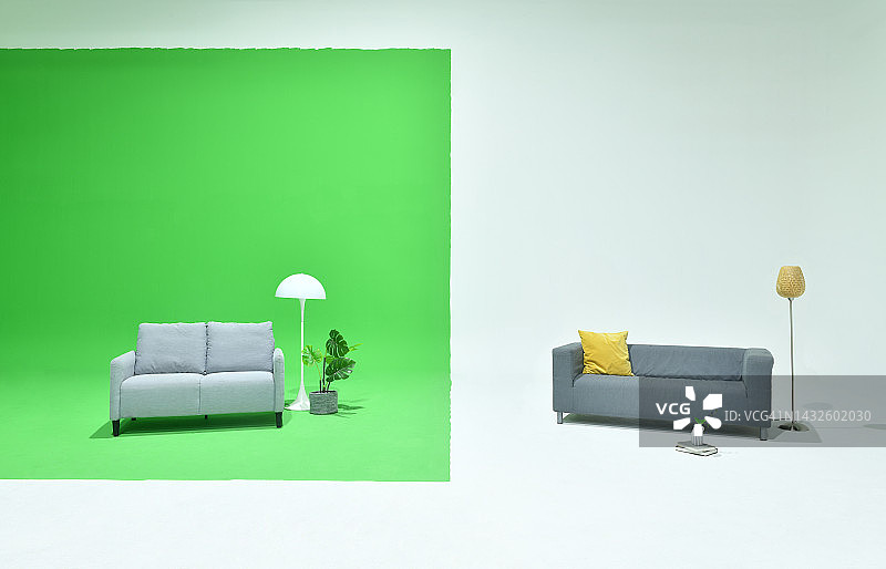 铬色，绿色，双色，沙发，靠垫，侧面，灰色图片素材