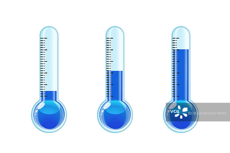 一套三个不同水平的蓝色透明温度计。寒冷的天气。图片素材