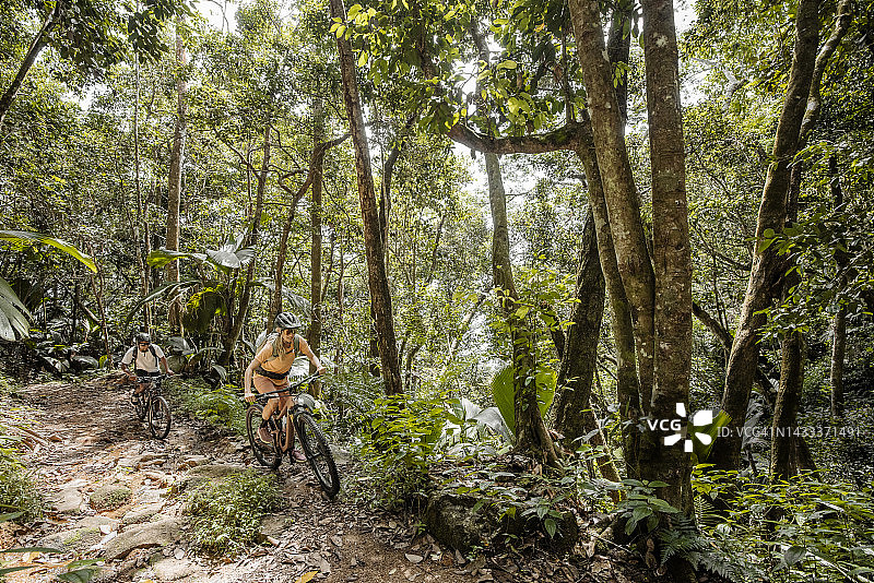 山地自行车骑手穿过郁郁葱葱的丛林图片素材