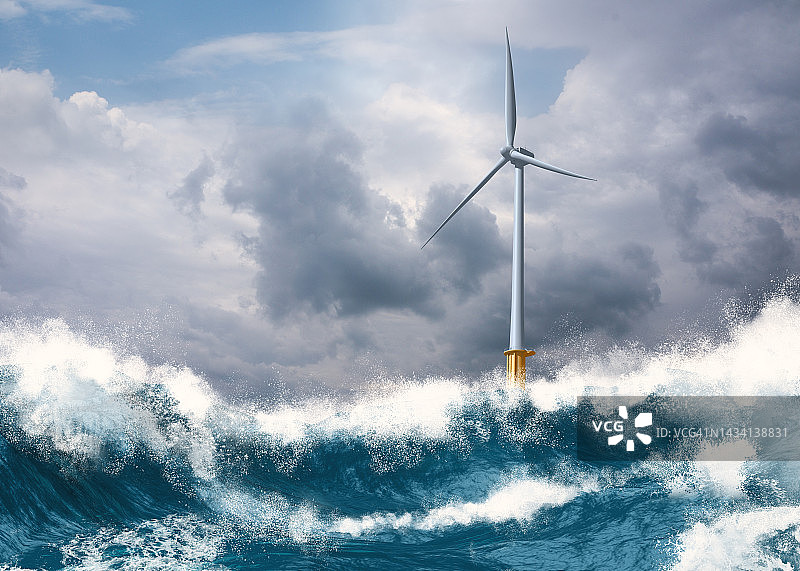 在波涛汹涌的海上的现代大型海上风力涡轮机图片素材