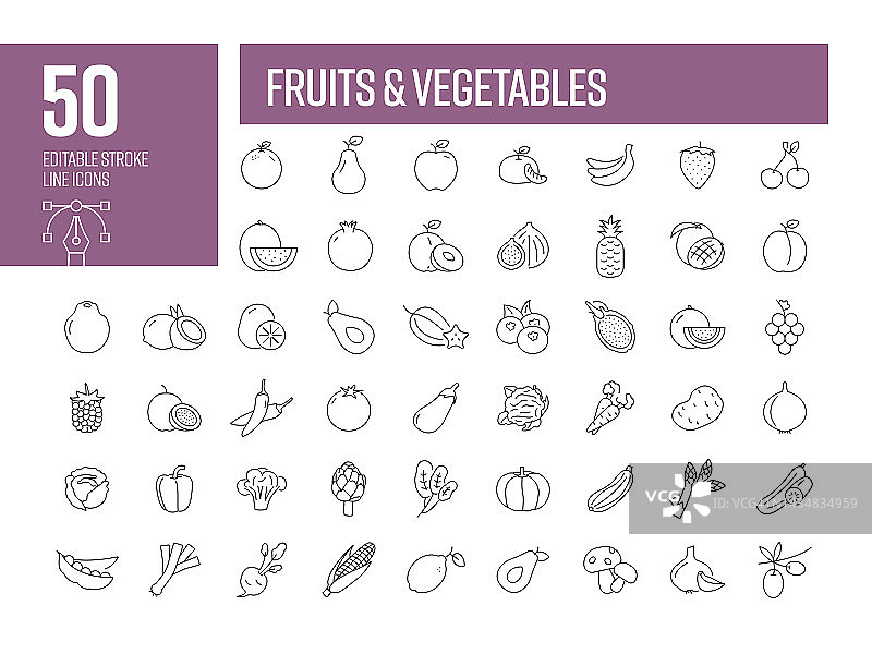 水果和蔬菜线图标。可编辑的笔画矢量图标集合。图片素材