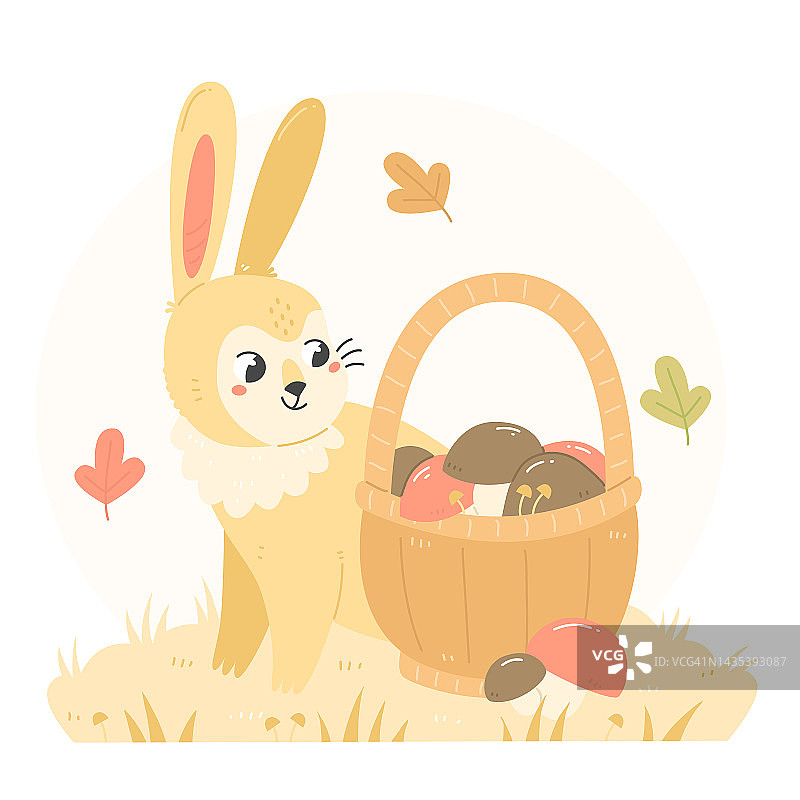 兔子和一篮子蘑菇在平面卡通风格。蘑菇采摘。秋天的儿童插画与兔子。图片素材