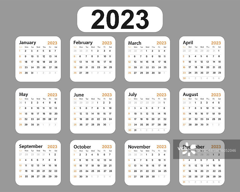 2023历年的矢量插图。这周从星期天开始。图片素材
