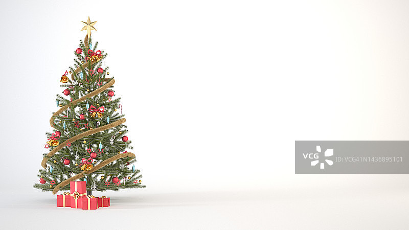 圣诞树与红色和金色的饰品和红色礼品盒在白色背景与复制空间3d渲染。图片素材