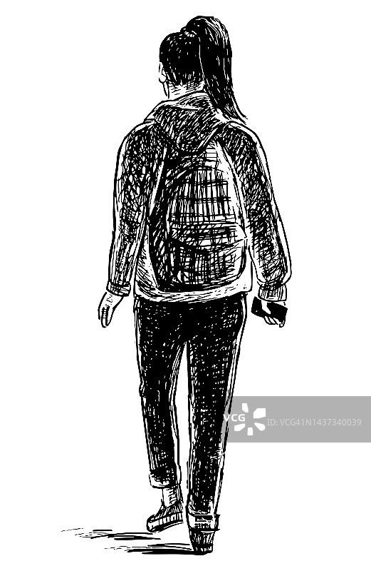 手绘的年轻城市女孩背着背包和智能手机独自走在户外图片素材