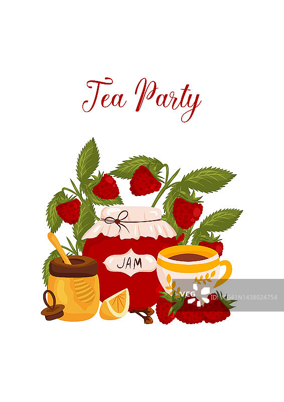 茶会明信片，有果酱罐，草莓，茶，蜂蜜和柠檬图片素材