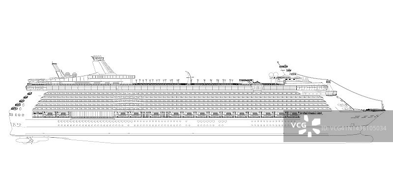 一艘大型多甲板巡洋舰的轮廓从黑色线孤立在白色背景上。侧视图。3 d。矢量插图。图片素材