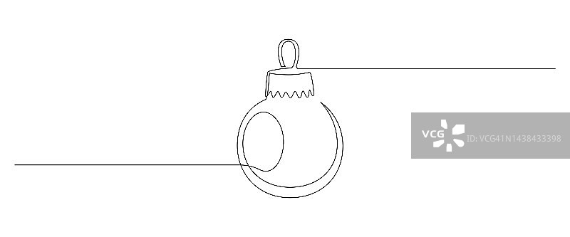 圣诞树玩具球连续画线。节日的小玩意轮廓在简单的线性风格。模板的卡片，封面，品牌，标志在可编辑的笔画。涂鸦矢量插图图片素材