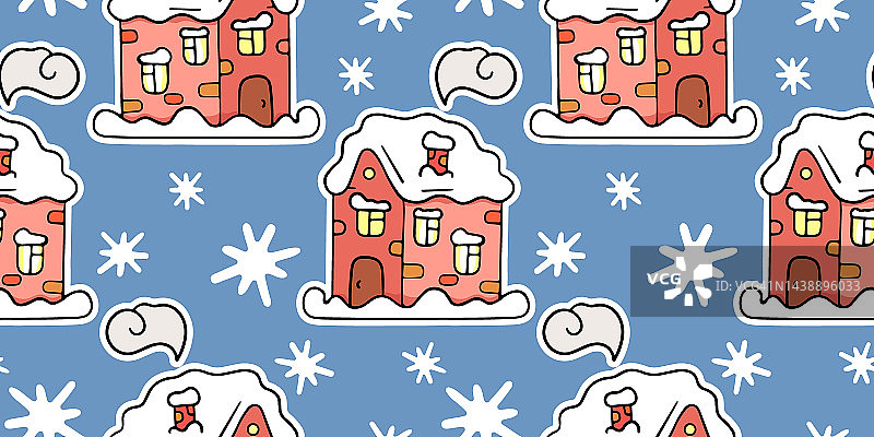 可爱的彩色房子与雪，矢量无缝模式的涂鸦风格，手绘图片素材