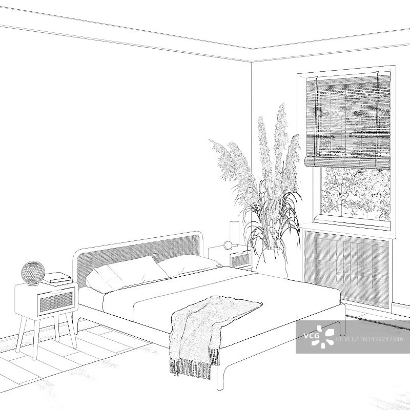 这是一幅舒适的现代卧室的素描，墙壁是空白的，床两边的床头柜上都放着灯，床头板是藤条的，窗户边的花瓶里装着大朵小花，花瓶上有竹帘。图片素材