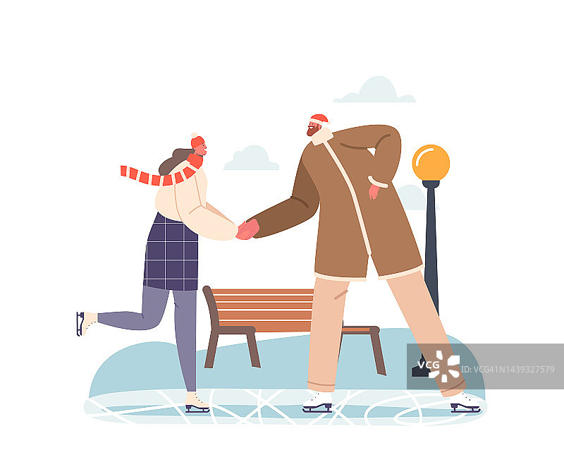 快乐的情侣在城市溜冰场滑冰，冬季公园户外活动。圣诞节休闲，家庭假期闲暇时间图片素材