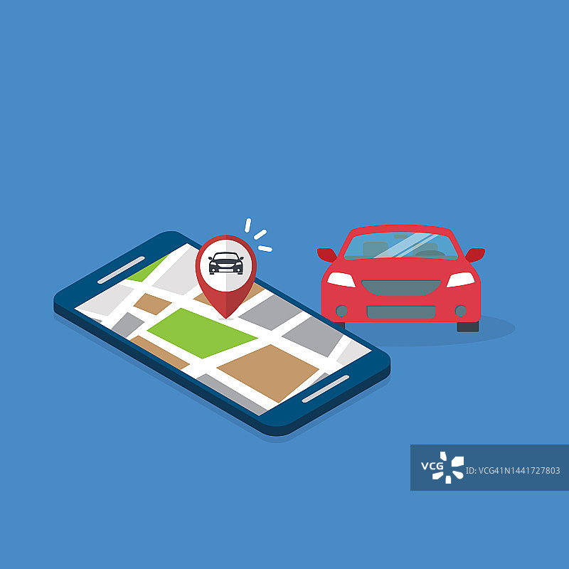 移动GPS导航，旅游旅游理念。矢量地图上的手机和汽车GPS坐标。智能手机导航上的城市道路和街道搜索。图片素材