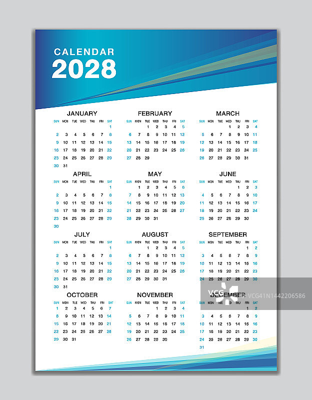 2028挂历模板，2028台历设计，每周开始周日，商业传单，一套12个月，每周开始周日，组织者，计划表，印刷媒体，日历设计蓝色背景图片素材