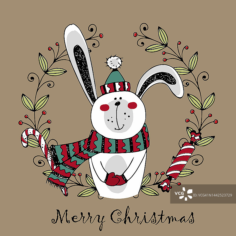 祝你圣诞快乐。冬天戴着围巾的可爱兔子。涂鸦风格。向量。图片素材