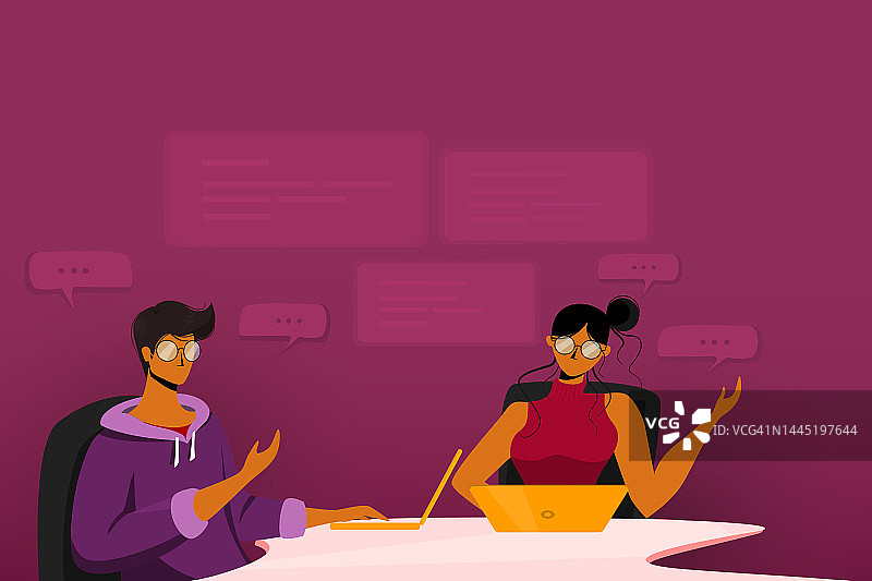 商务会议插图概念，显示在紫色背景下，同事们正在会议室讨论。图片素材