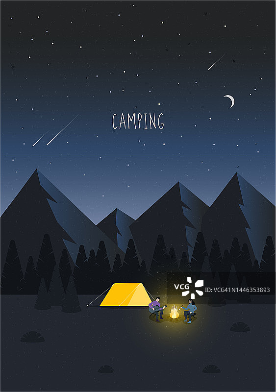 家庭冒险露营夜景。帐篷，篝火，松树林和落基山脉背景，星空和月光。露营，自然景观。现代平面设计矢量插画。图片素材