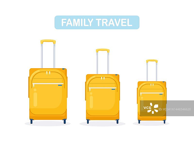 三个黄色的现代手提箱。家人度假的行李。妈妈，爸爸和女儿或儿子带着旅行袋。一件大行李和两件小行李图片素材