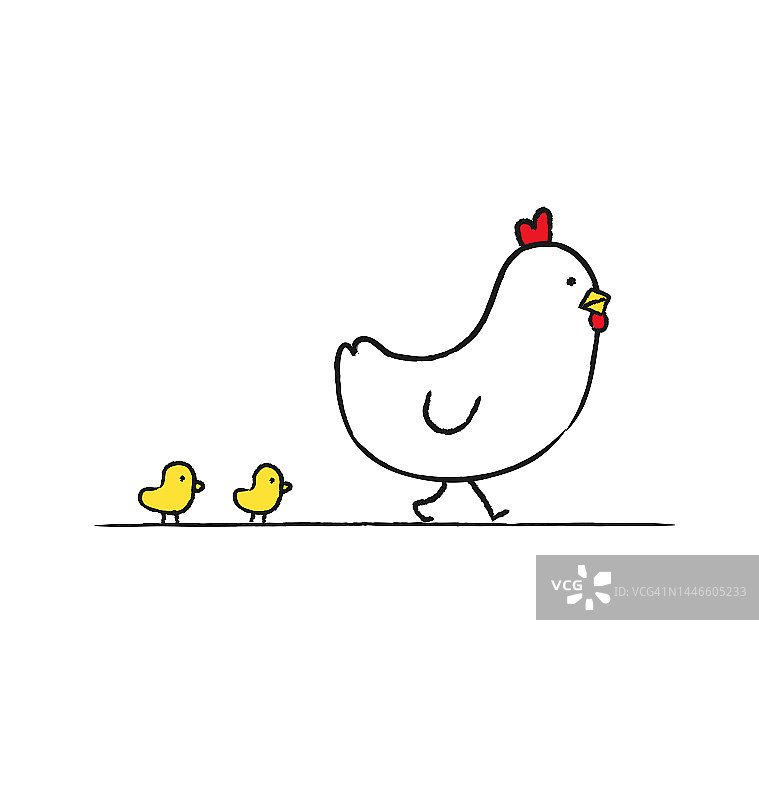 小鸡和公鸡的漫画。鸡肉生产，鸟类养殖。家禽养殖场，畜牧业。鸡家上家禽养殖场的鸡鸟。平面矢量插图。手绘风格。图片素材