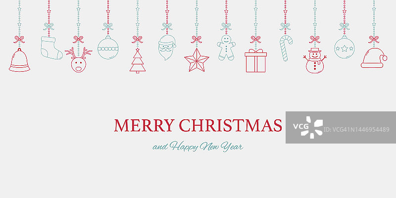 极简的圣诞背景与悬挂的装饰品和愿望。圣诞贺卡。向量图片素材