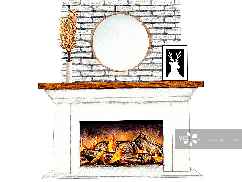 客厅内部的水彩插图与壁炉，装饰。剪纸艺术。白色背景上的家居装饰元素。图片素材