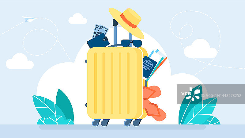 旅行箱的旅行概念。暑假。行李，机票，护照，钱，眼镜，人字拖和配件。为季节性假期做准备。旅行。矢量平面图图片素材