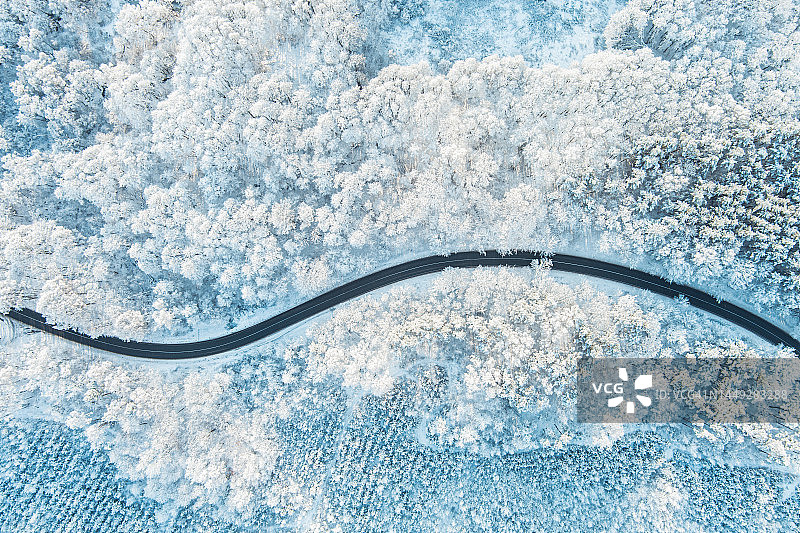鸟瞰蜿蜒的形状道路通过冬季森林覆盖的雪图片素材
