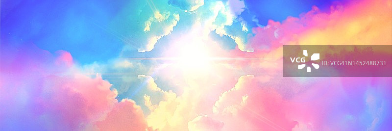 大尺寸的景观插图，一个美丽的天堂入口，透过彩虹色的云，神圣地闪耀着。图片素材