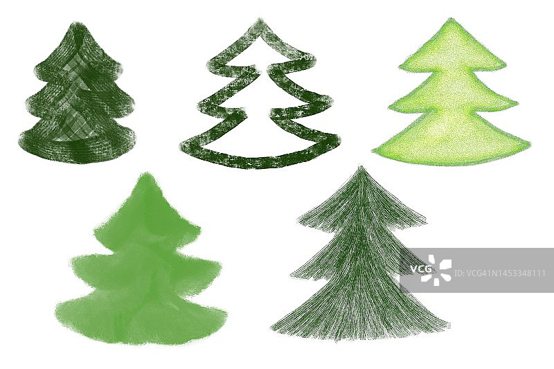 白色背景上不同的绿色圣诞树图片素材