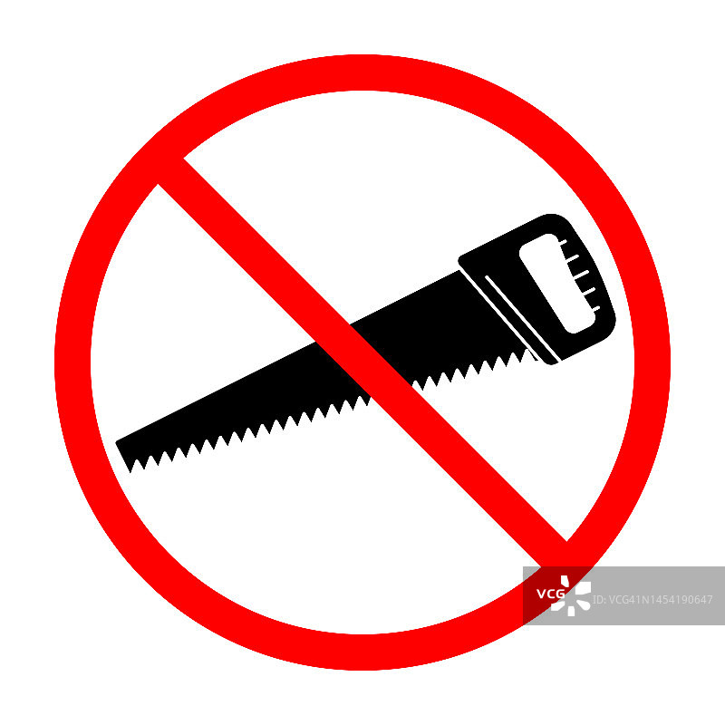 手锯禁止标志。禁止用手锯。钢锯禁止标志。图片素材
