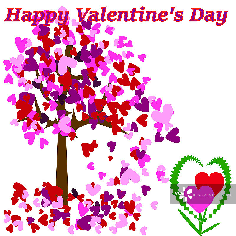 在白色的背景上，有一棵树，上面有粉红色和红色的心。下面是两颗正在生长的花朵形状的心。图片素材