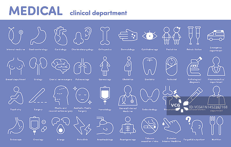 医院部门图标的插图集。版本。白线图片素材