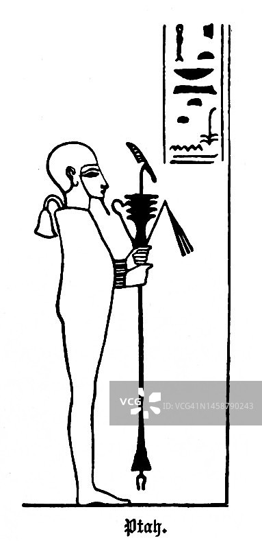 古埃及神卜塔的古老雕刻插图，他是工匠和建筑师的创造者和守护神图片素材