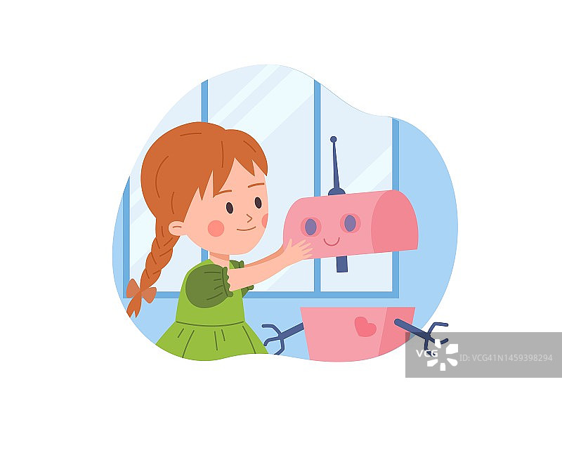 可爱的小女孩组装机器人，卡通平面矢量插图孤立的白色背景。图片素材