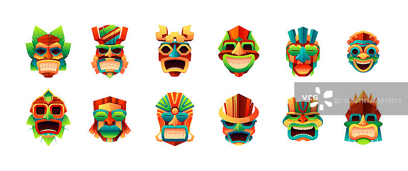 提基面具。传统的玛雅阿兹特克土著仪式部落图腾，祖鲁波利尼西亚墨西哥印第安仪式偶像，卡通民族面具。向量平坦集图片素材