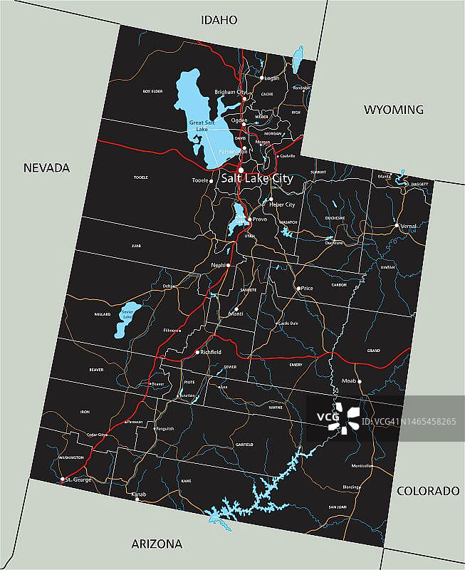 高度详细的犹他州道路地图与标签。图片素材
