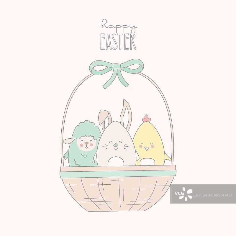 可爱的复活节动物宝宝在篮子里。矢量插图卡，邀请，横幅。图片素材