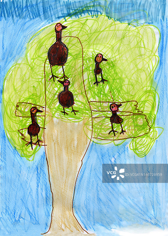 儿童艺术作品-“树上有鸟”图片素材