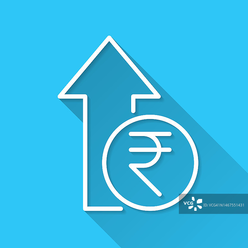 印度卢比升值。图标在蓝色背景-平面设计与长阴影图片素材