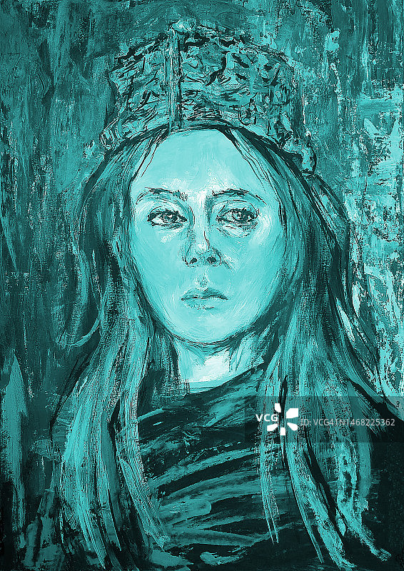 在蓝色色调的背景上，一个长头发，戴着杂色东方帽子的女孩的插图油画肖像图片素材