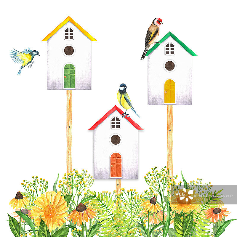 手绘水彩画的鸟屋在栅栏上与花园的花朵图片素材