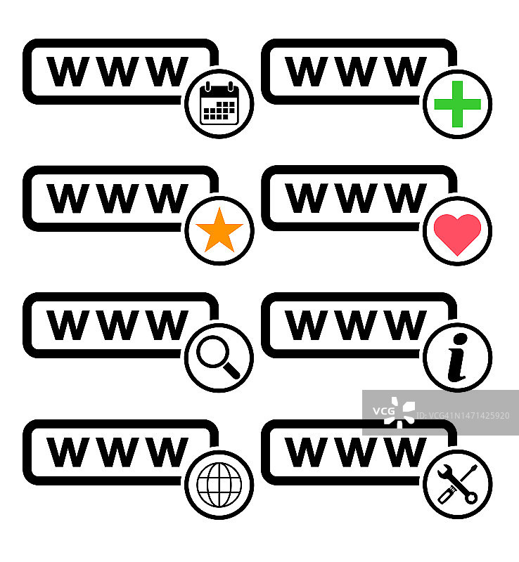 集万维网图标，www互联网网站符号，点击鼠标箭头符号矢量插图图片素材