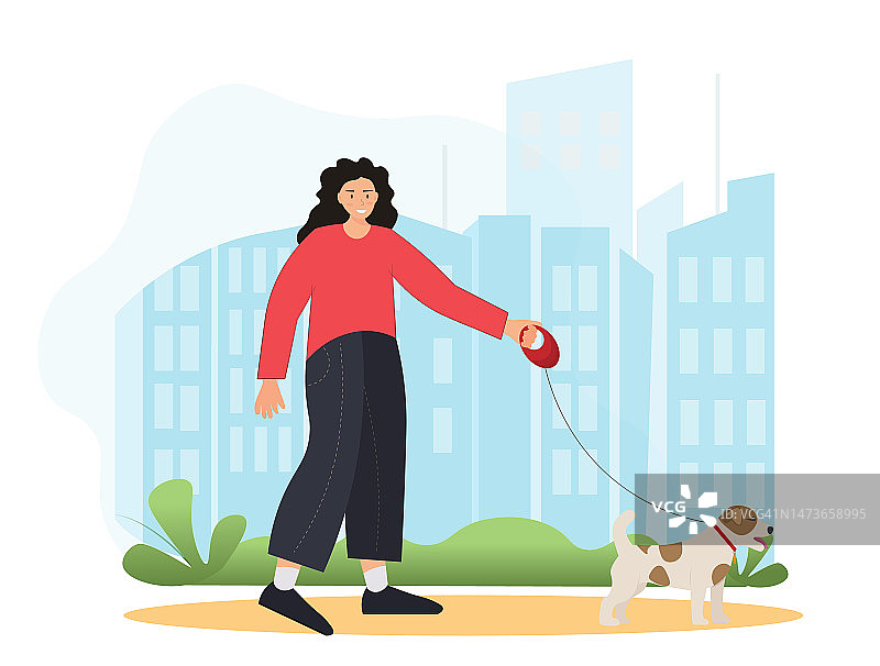 人与狗同行，遛狗服务，家畜概念，健康生活方式概念，平面矢量插图图片素材