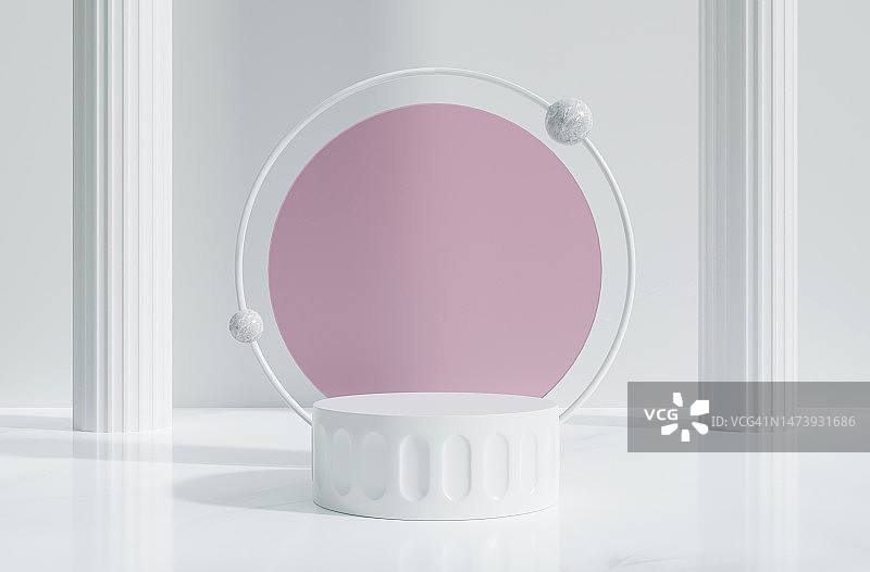 抽象的白色背景概念和白色玻璃背景。几何平台展示化妆品产品。粉红色背景上的3D显示平台。最小的展示模型。舞台展示。三维渲染图片素材