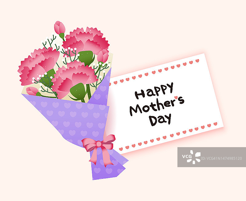 附有康乃馨的母亲节快乐贺卡。
粉红色背景上的花束和叶子。矢量插图。图片素材