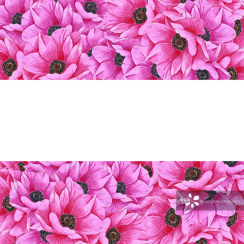 手绘水彩粉红色海葵花花环与绿叶。孤立在白色背景上。剪贴簿，明信片，横幅，标签。图片素材